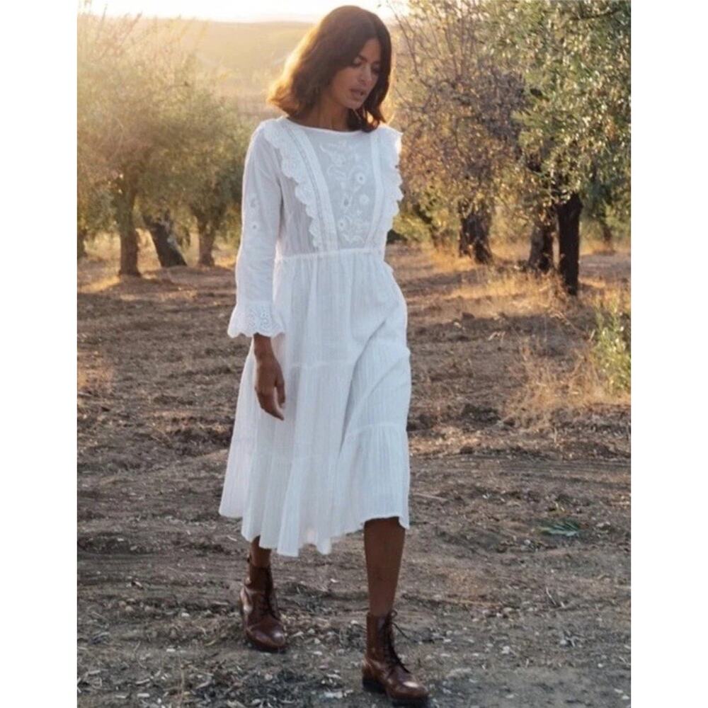 Bohemian White Midi Dress with Lace Embroidery